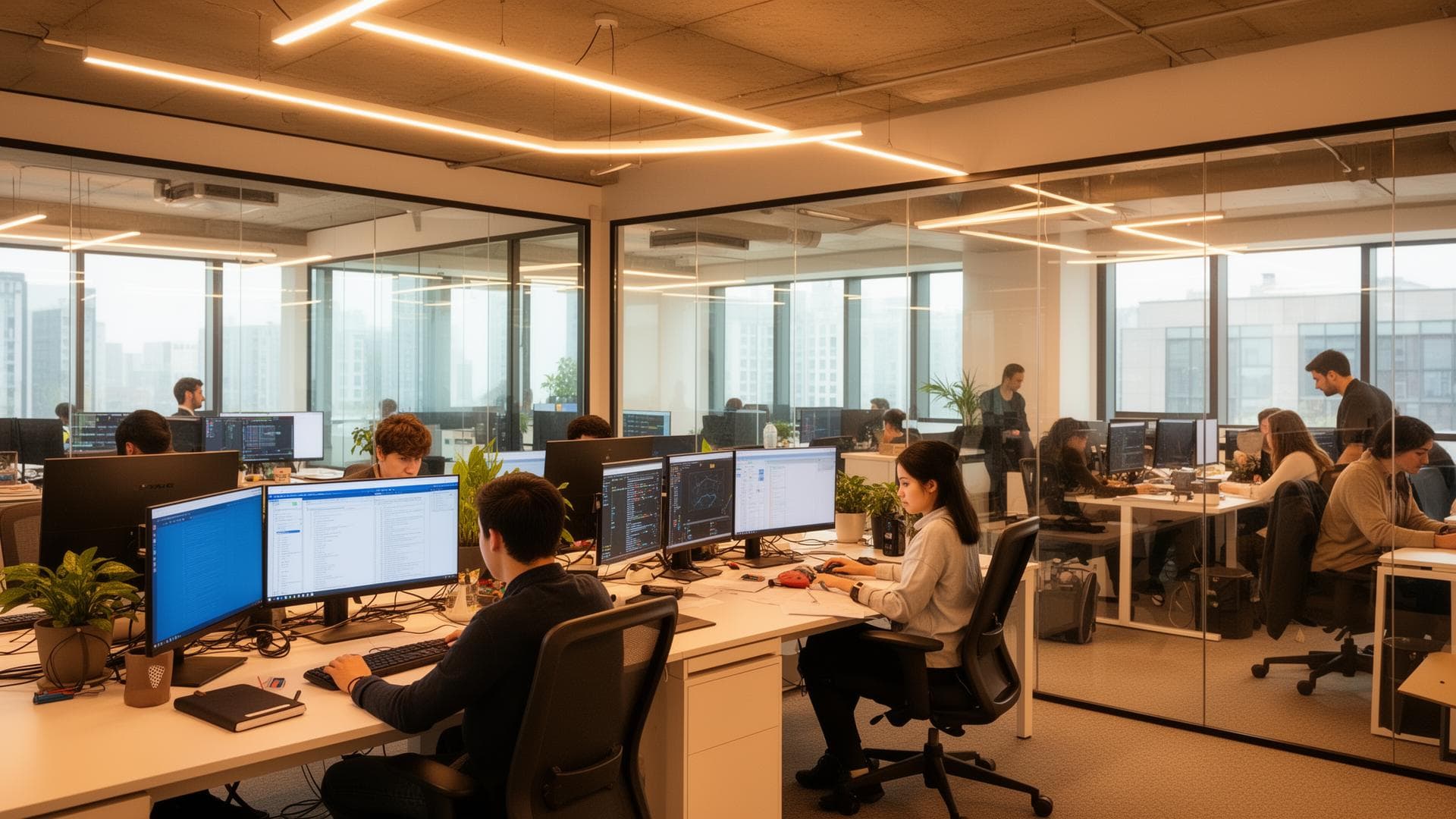 Students working in our modern tech office